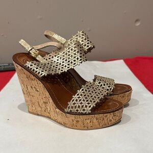 Tory Burch Gold Laser-Cut Wedge Sandals